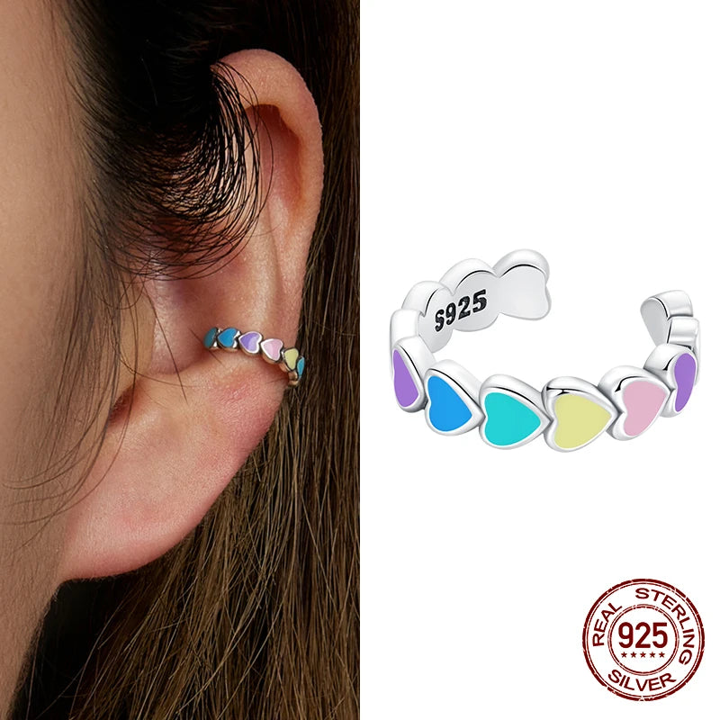 925 Silver Rainbow Heart Ear Cuff Women Clip All-match Colorful Jewelry