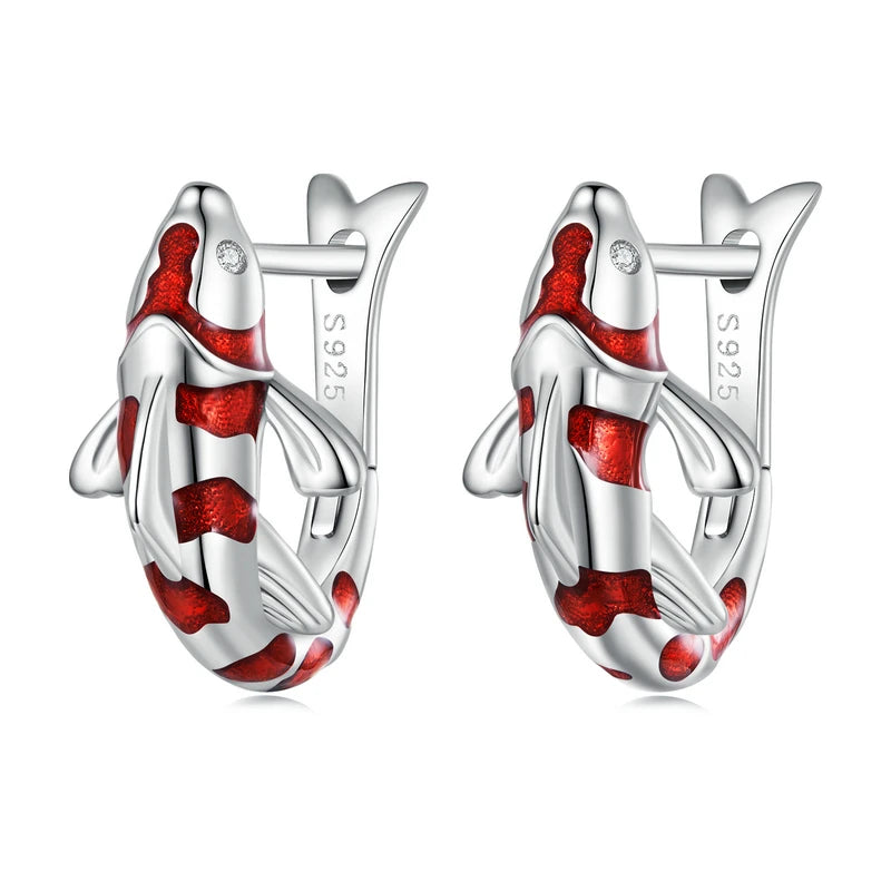925 Silver Red Luck Carp Hoop Earrings Chinese Art Drop Earring BSE742
