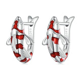 925 Silver Red Luck Carp Hoop Earrings Chinese Art Drop Earring BSE742
