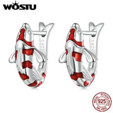 925 Silver Red Luck Carp Hoop Earrings Chinese Art Drop Earring BSE742