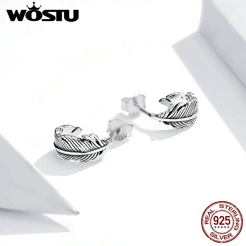 925 Silver Feather Stud Earrings Vintage Retro Style