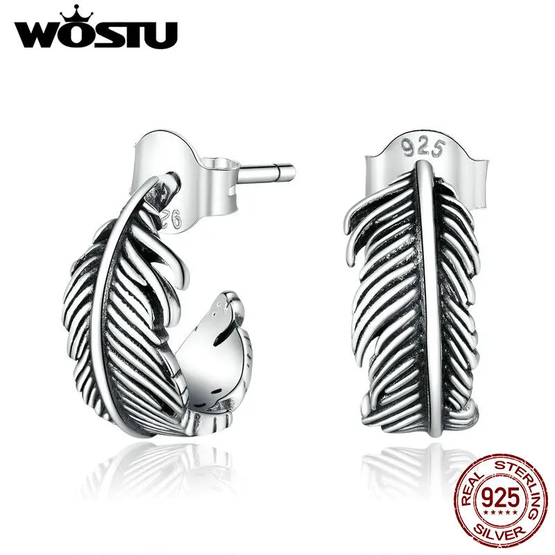 925 Silver Feather Stud Earrings Vintage Retro Style