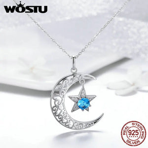 925 Silver Moon Star Necklace Round CZ Pendant Women Jewelry