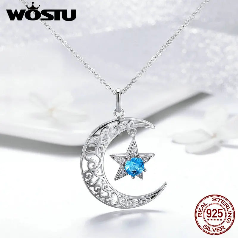 925 Silver Moon Star Necklace Round CZ Pendant Women Jewelry