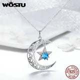 925 Silver Moon Star Necklace Round CZ Pendant Women Jewelry