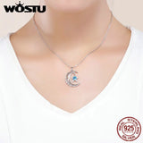 925 Silver Moon Star Necklace CZ Stone Pendant Women Engagement Party