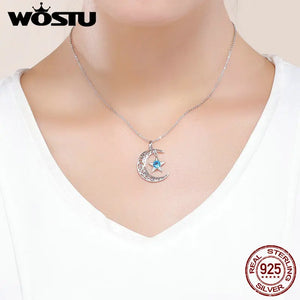 925 Silver Moon Star Necklace Round CZ Pendant Women Jewelry