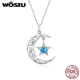 925 Silver Moon Star Necklace Round CZ Pendant Women Jewelry