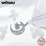 925 Silver Moon Star Necklace Round CZ Pendant Women Jewelry