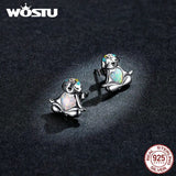 925 Silver Sloth Opal Heart Stud Earrings Enamel Women's Jewelry