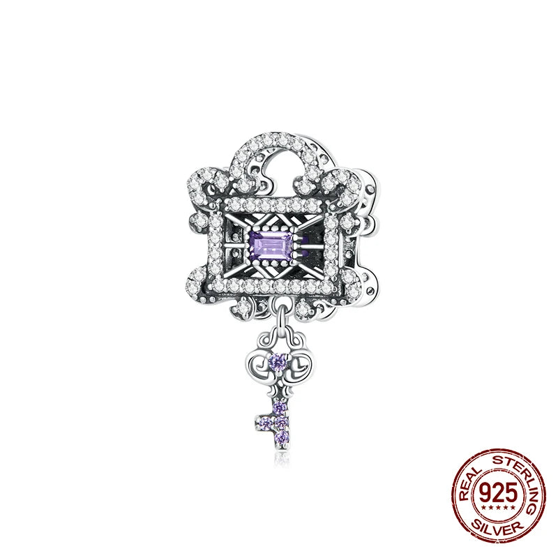 925 Sterling Silver Lock & Key Charms Beads Pendant for DIY Bracelet Bangle