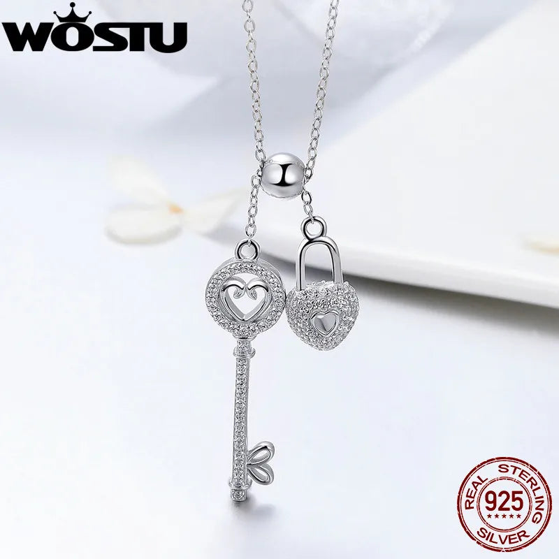 925 Silver Key of Heart Lock Pendant Necklace for Women