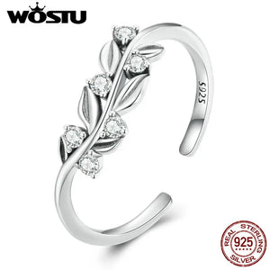 925 Sterling Silver Leaf Open Ring Zircon Statement Adjustable Jewelry