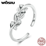 925 Sterling Silver Leaf Open Ring Zircon Statement Adjustable Jewelry