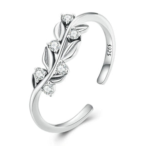925 Sterling Silver Leaf Open Ring Zircon Statement Adjustable Jewelry