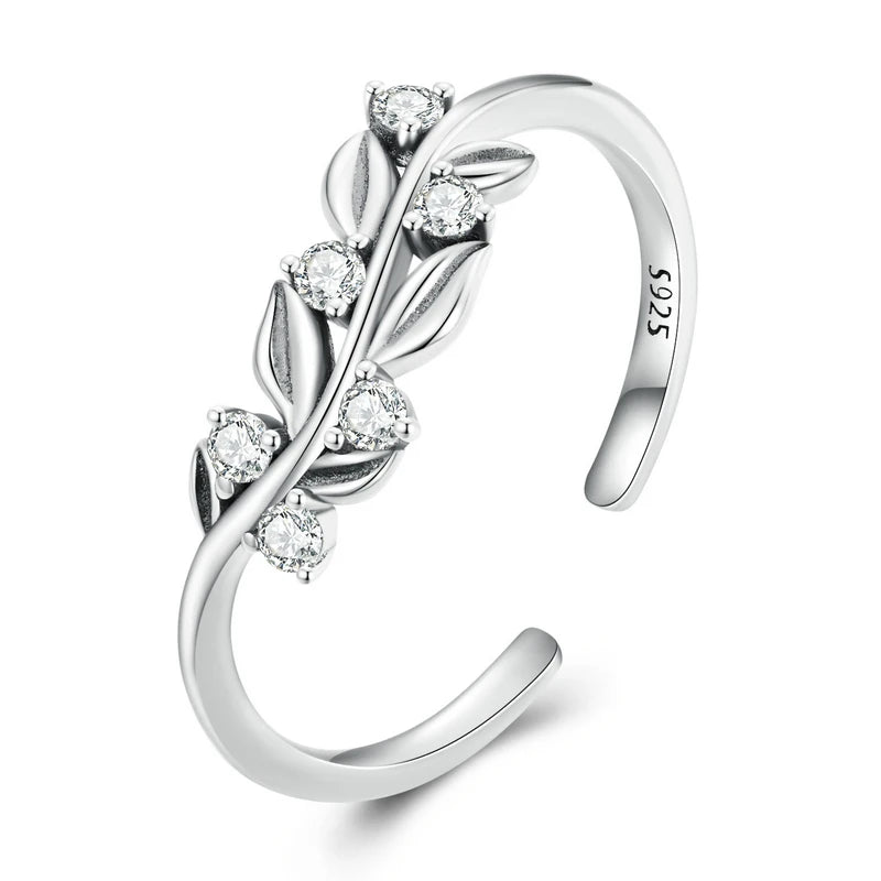 925 Sterling Silver Leaf Open Ring Zircon Statement Adjustable Jewelry