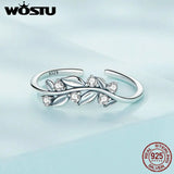 925 Sterling Silver Leaf Open Ring Zircon Statement Adjustable Jewelry