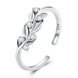 925 Sterling Silver Leaf Open Ring Zircon Statement Adjustable Jewelry
