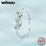 925 Sterling Silver Leaf Open Ring Zircon Statement Adjustable Jewelry