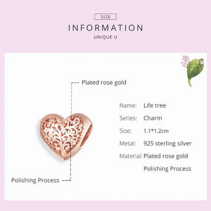 925 Silver Tree of Life Rose Heart Charm Pendant