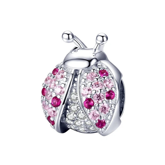 Round Glass Beads 925 Sterling Silver Pink Charms Bracelet Pendant