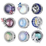 Round Glass Opal Beads 925 Sterling Silver Rainbow Purple Charms Fit Bracelet