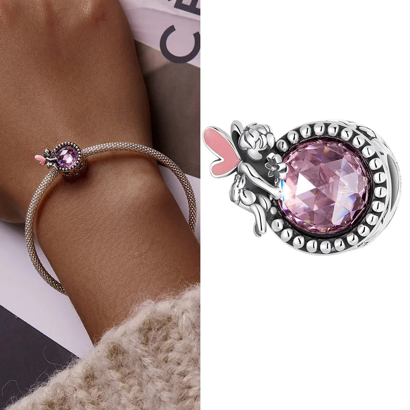 Round Glass Opal Beads 925 Sterling Silver Rainbow Purple Charms Fit Bracelet