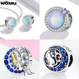 Round Glass Opal Beads 925 Sterling Silver Rainbow Purple Charms Fit Bracelet