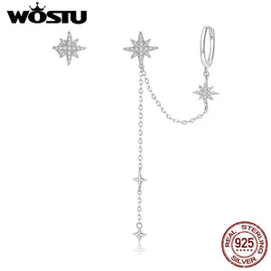 925 Silver Shining Stars Drop Earrings, Dangle Long Earrings