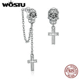 Skull Cross Dangle Earrings 925 Silver Long Chain Earrings