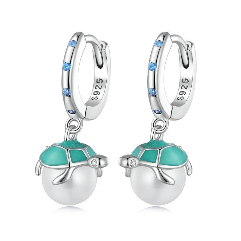 925 Silver Green Turtle Pearl Drop Earrings Beach Jewelry Gift