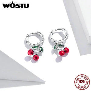 925 Silver Sweet Cherry Drop Earrings Red Enamel CQE905