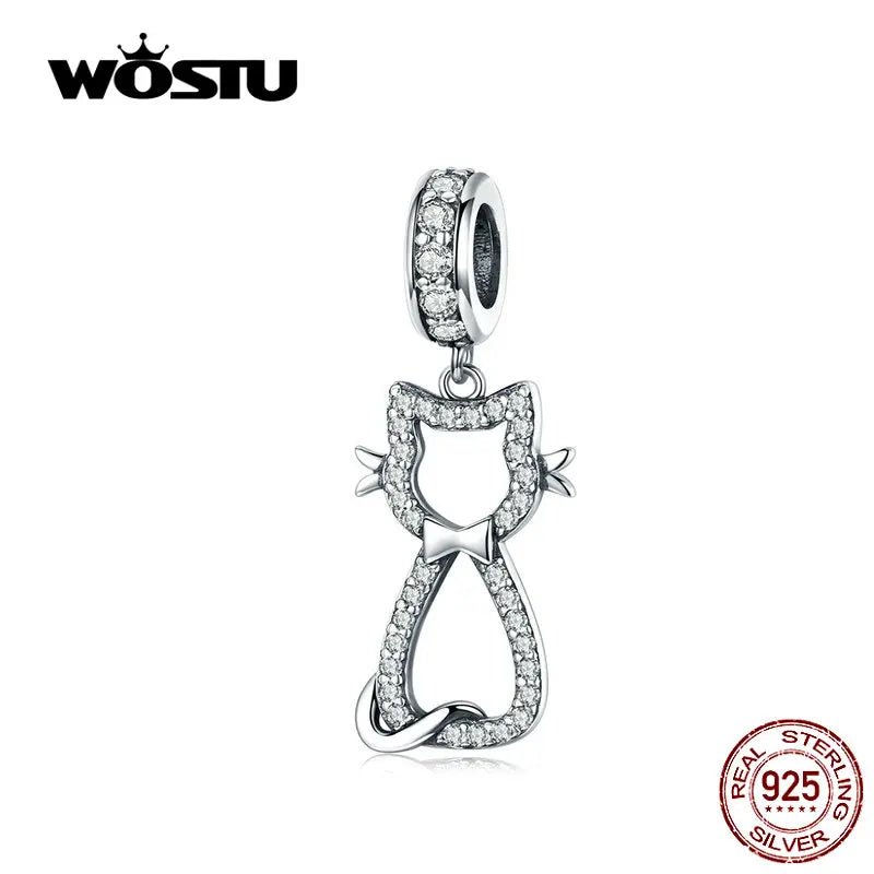 Sweet Cat Dangle Charm 925 Sterling Silver Zircon Beads Bracelet DIY