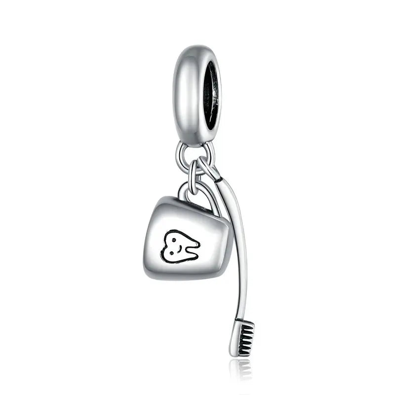 Toothbrush & Cup Charm 925 Sterling Silver Pendant Bead
