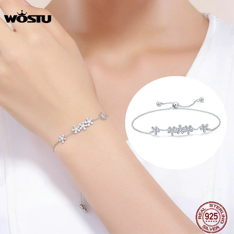 925 Silver Glitter Daisy Bracelet Link Chain Wedding Bangle CQB084