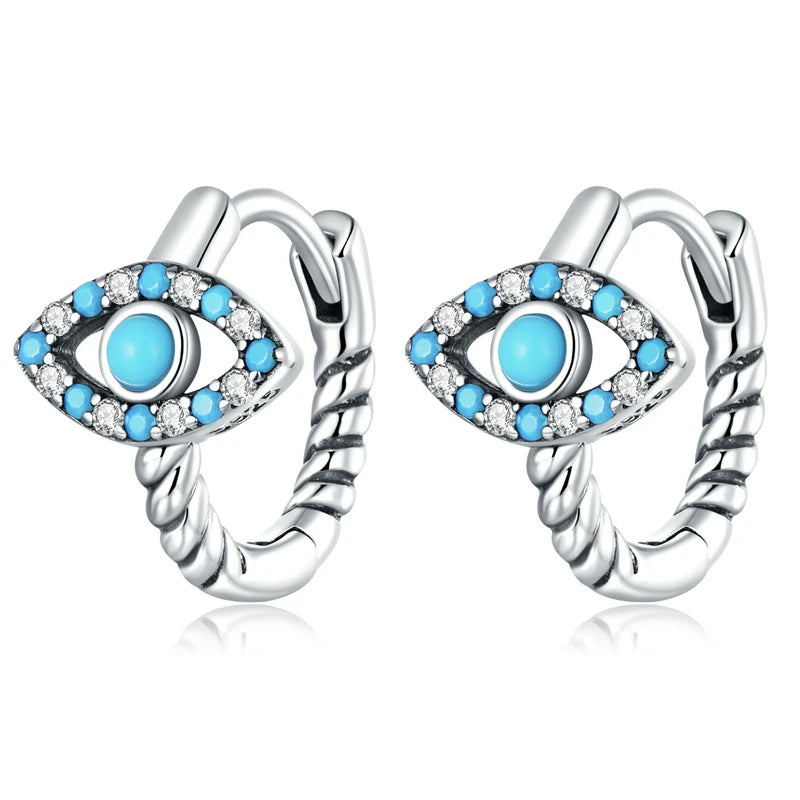 Turquoise Demon Eye Hoop Earrings 925 Sterling Silver CZ Circle Small Earrings