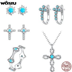 Turquoise 925 Silver Evil Eye Rings Cross Drop Earrings Necklace Women Jewelry