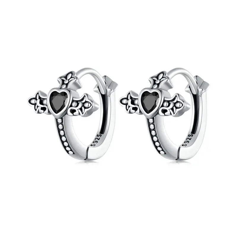 925 Silver Zircon Cross Hoop Earrings Retro Punk Hip Hop Jewelry