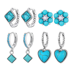 925 Silver Turquoise Drop Hoop Stud Earrings Wedding Anniversary Party Gift