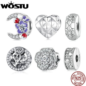 925 Sterling Silver Zircon Flower Moon Heart Charm for Bracelet Necklace DIY