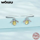 925 Silver Honey Bee Dangle Earrings Yellow Zircon Insect Hooks