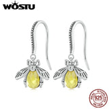 925 Silver Honey Bee Dangle Earrings Yellow Zircon Insect Hooks