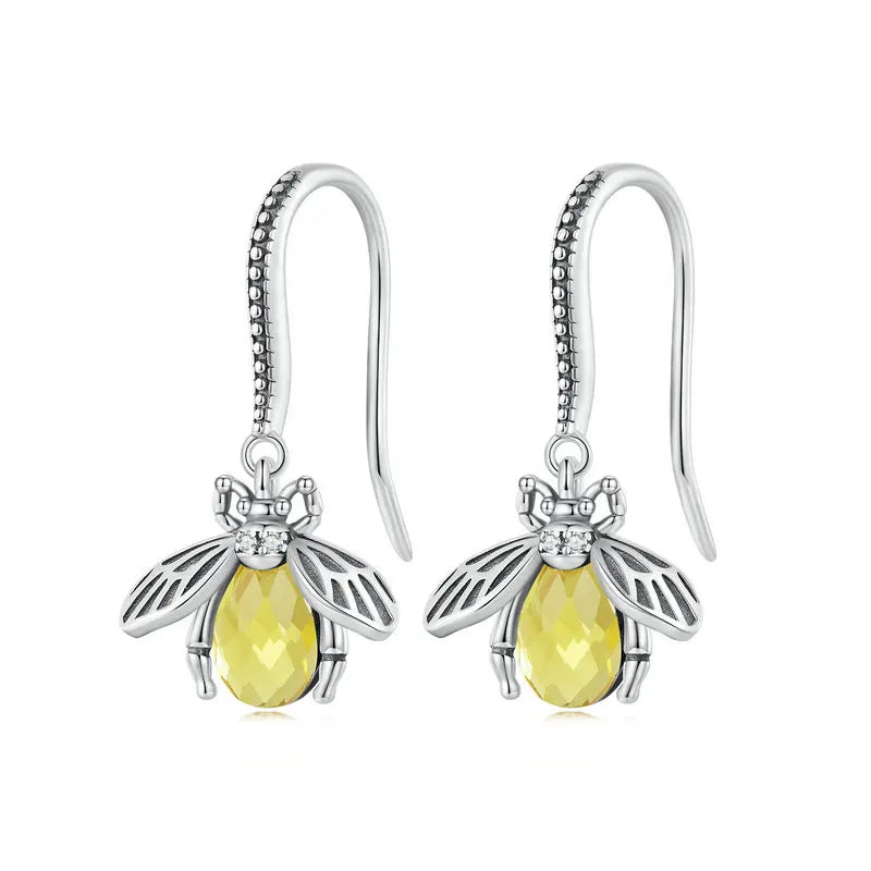 925 Silver Honey Bee Dangle Earrings Yellow Zircon Insect Hooks