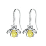 925 Silver Honey Bee Dangle Earrings Yellow Zircon Insect Hooks