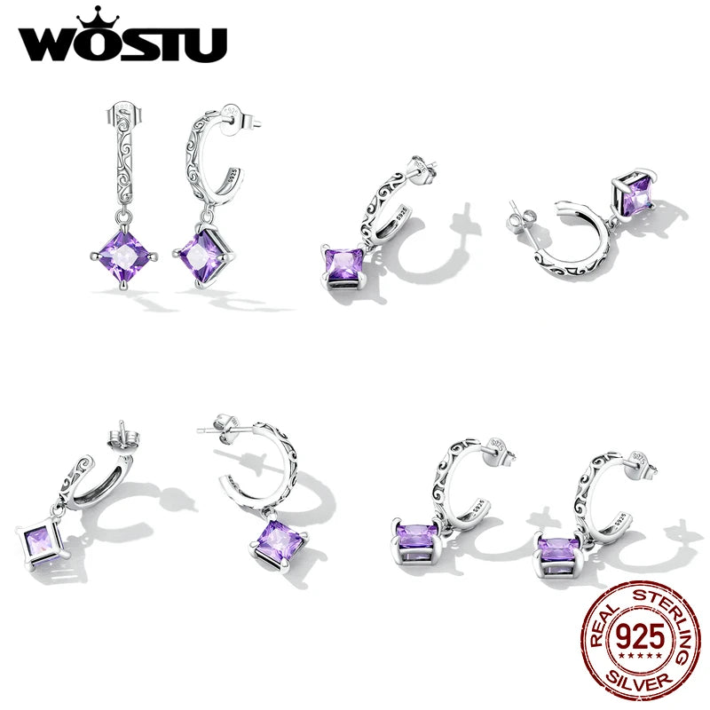 925 Silver Purple CZ Drop Earrings Vintage Ear Studs