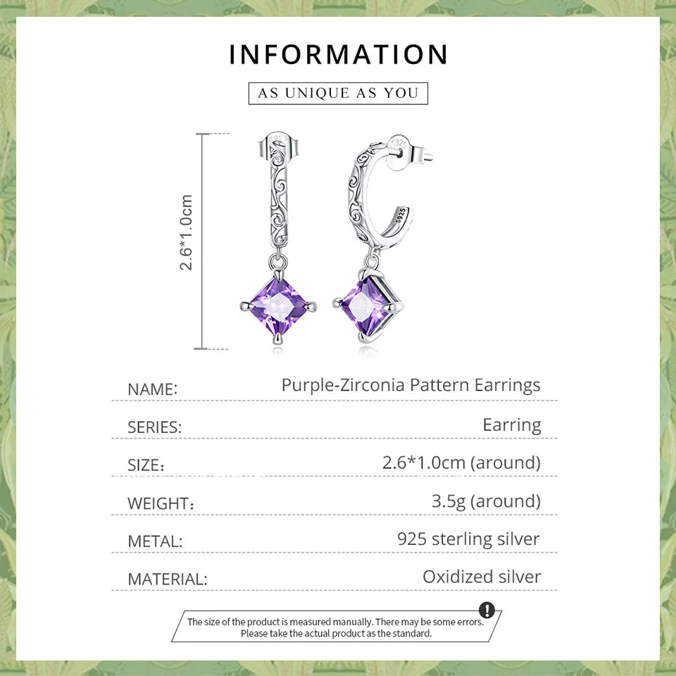 925 Silver Purple CZ Drop Earrings Vintage Ear Studs