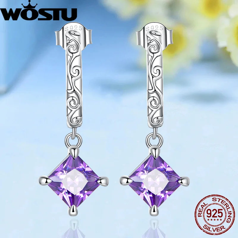 925 Silver Purple CZ Drop Earrings Vintage Ear Studs