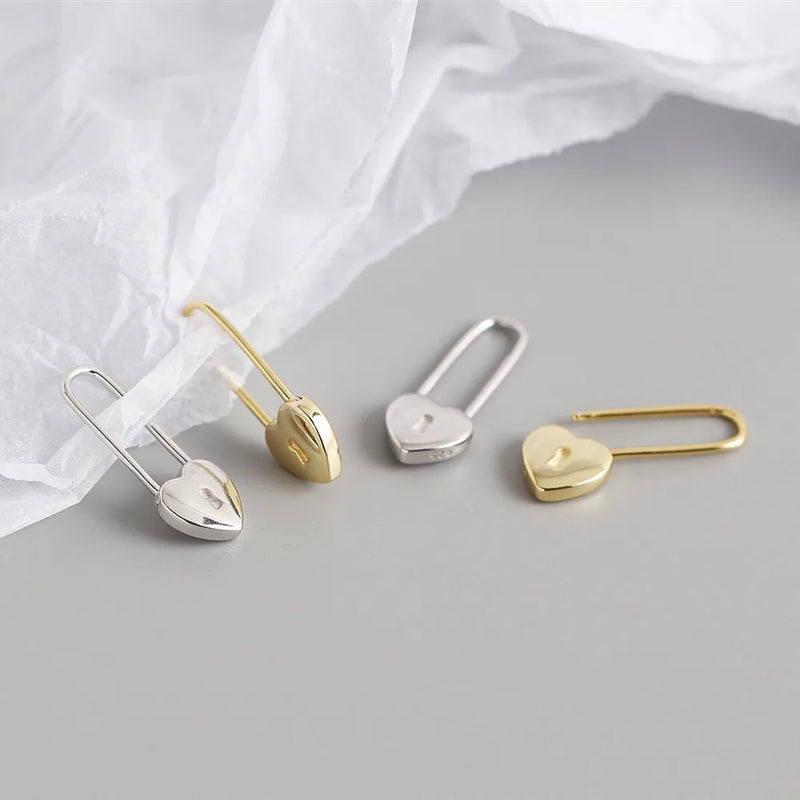925 Silver Heart Lock Stud Earrings Women's Jewelry