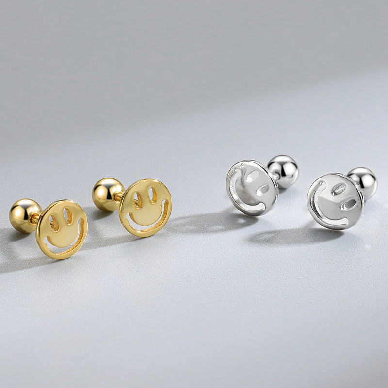 925 Silver Smiley Stud Earrings Hip Hop Women Jewelry