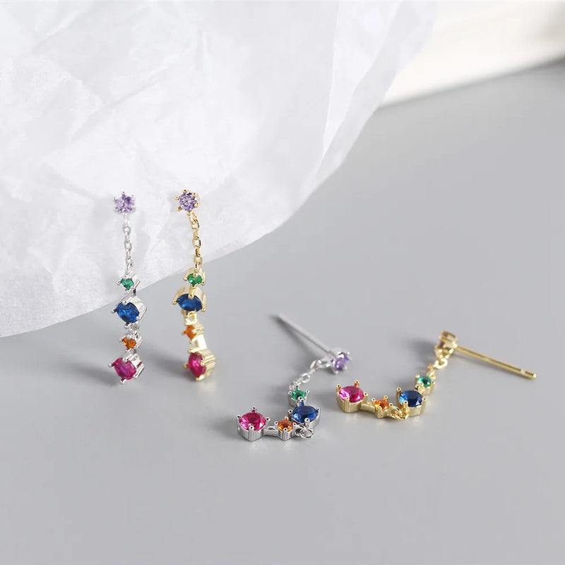 925 Silver Zircon Diamond Chain Rainbow Stud Earrings for Women